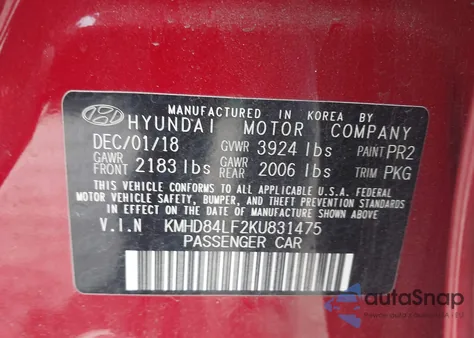 2019 Hyundai Elantra Value Edition from USA, damaged, VIN KMHD84LF2KU831475